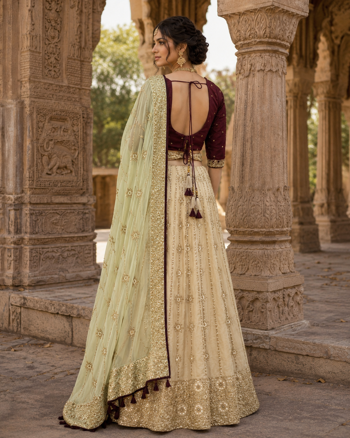 Maroon Ivory Zari Lehenga Set