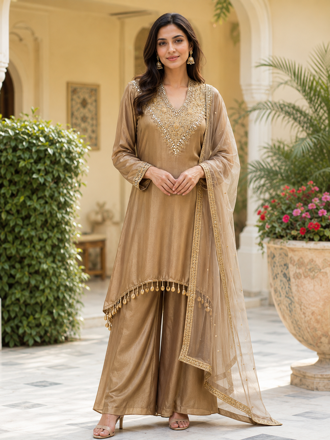 Antique Taupe Gold Embroidered Palazzo Ensemble