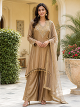 Antique Taupe Gold Embroidered Palazzo Ensemble