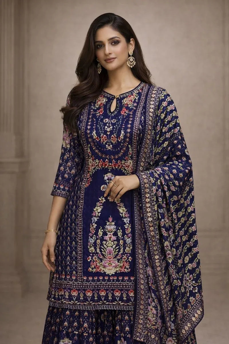 Midnight Floral Printed Kurta Sharara Ensemble - MishUUU