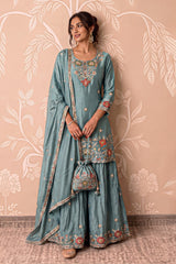 Powder Blue Floral Gharara Set