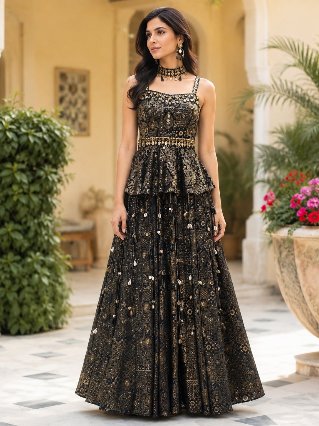 Noir Antique Gold Embroidered Peplum Lehenga Set