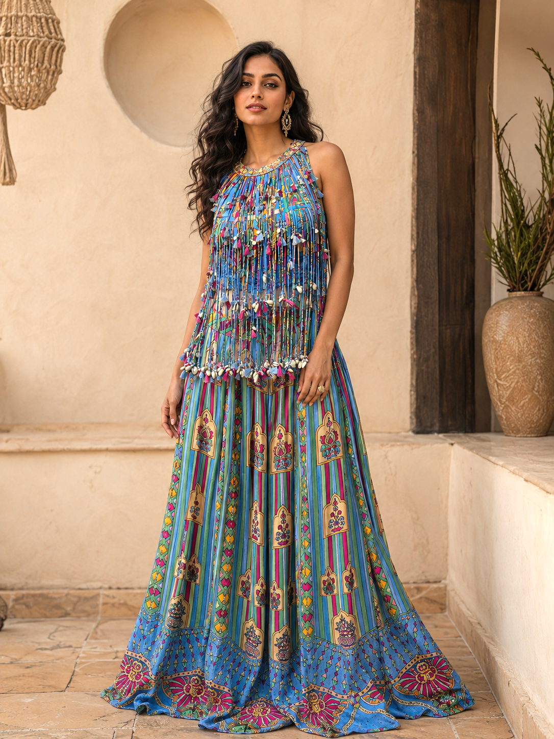 Azure Multicolor Tassel Printed Palazzo Ensemble