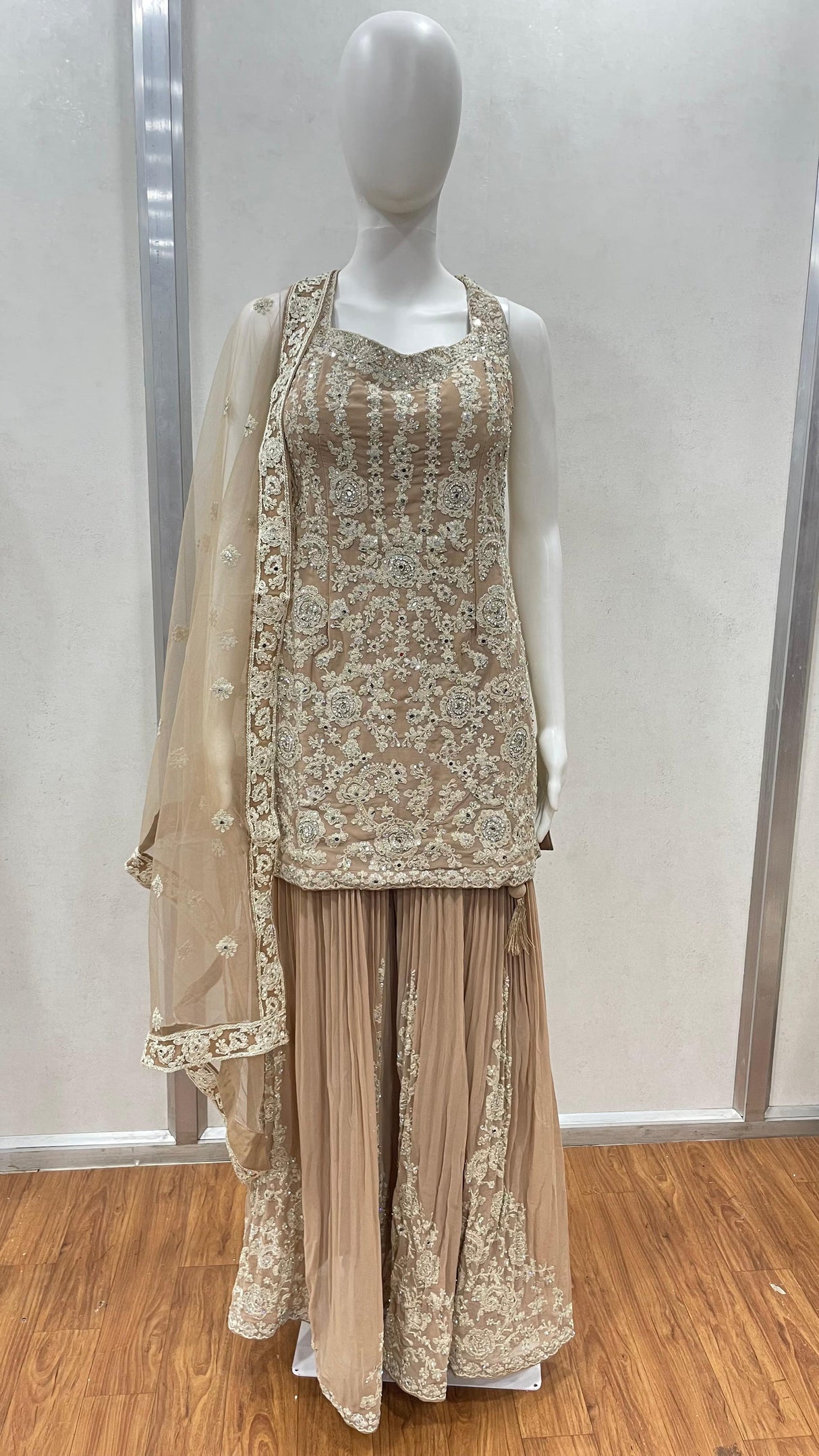 Beige Embroidered Kurta Sharara Set