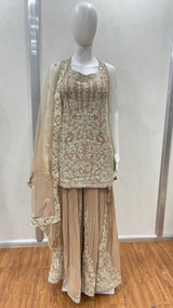 Beige Embroidered Kurta Sharara Set