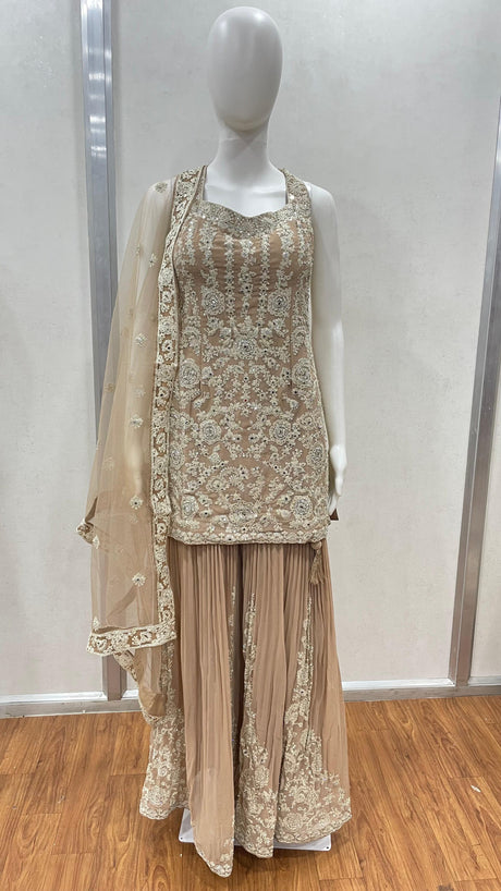 Beige Embroidered Kurta Sharara Set