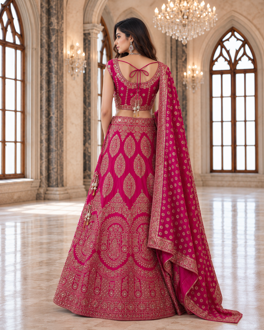 Fuchsia Gold Zari Bridal Lehenga Ensemble