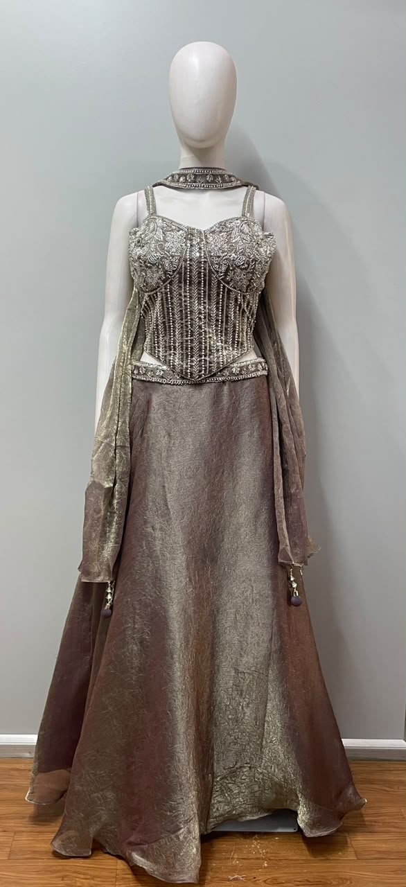Metallic Taupe Crystal Corset Lehenga Ensemble