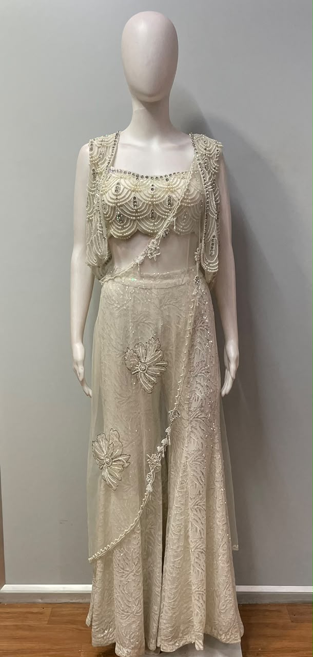 Ivory Silver Pearl Jewel Cape Palazzo Set