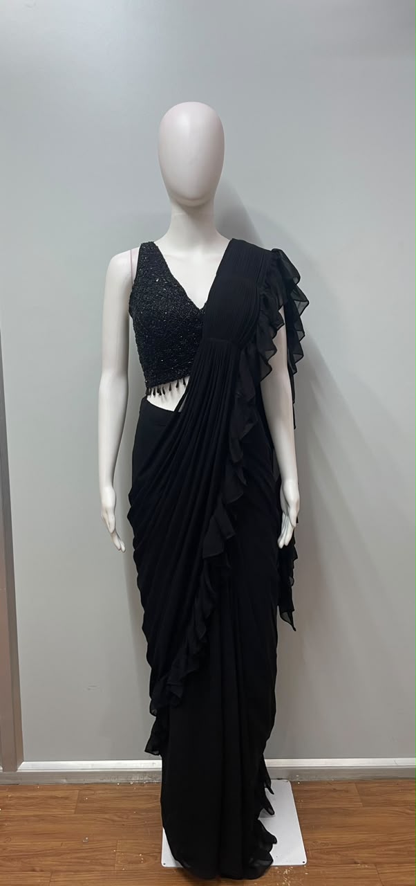 Midnight Black Sequin Ruffle Draped Saree Set