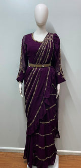 Wine and gold ruffle saree set from a second angle