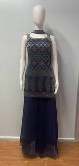 Geometric floral kurta of the midnight navy lattice palazzo set