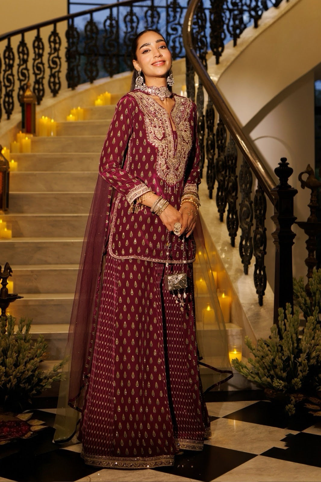 Deep Wine Antique Gold Heritage Palazzo Set