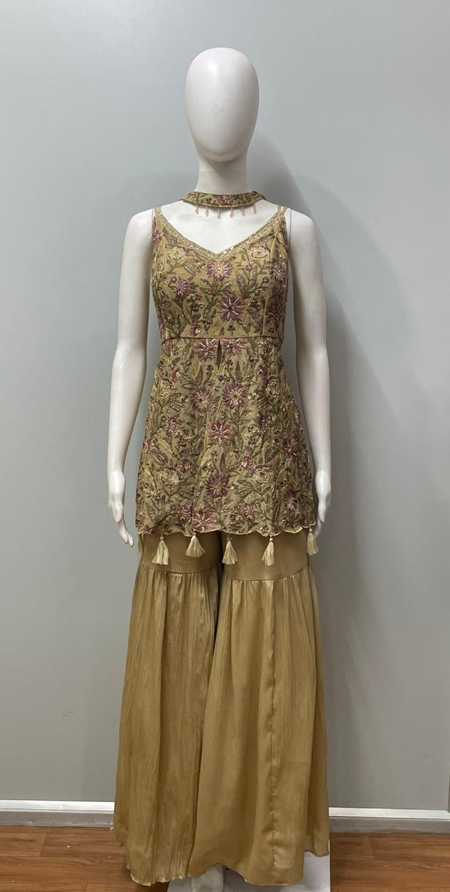 Olive Floral Embroidered Gharara Set