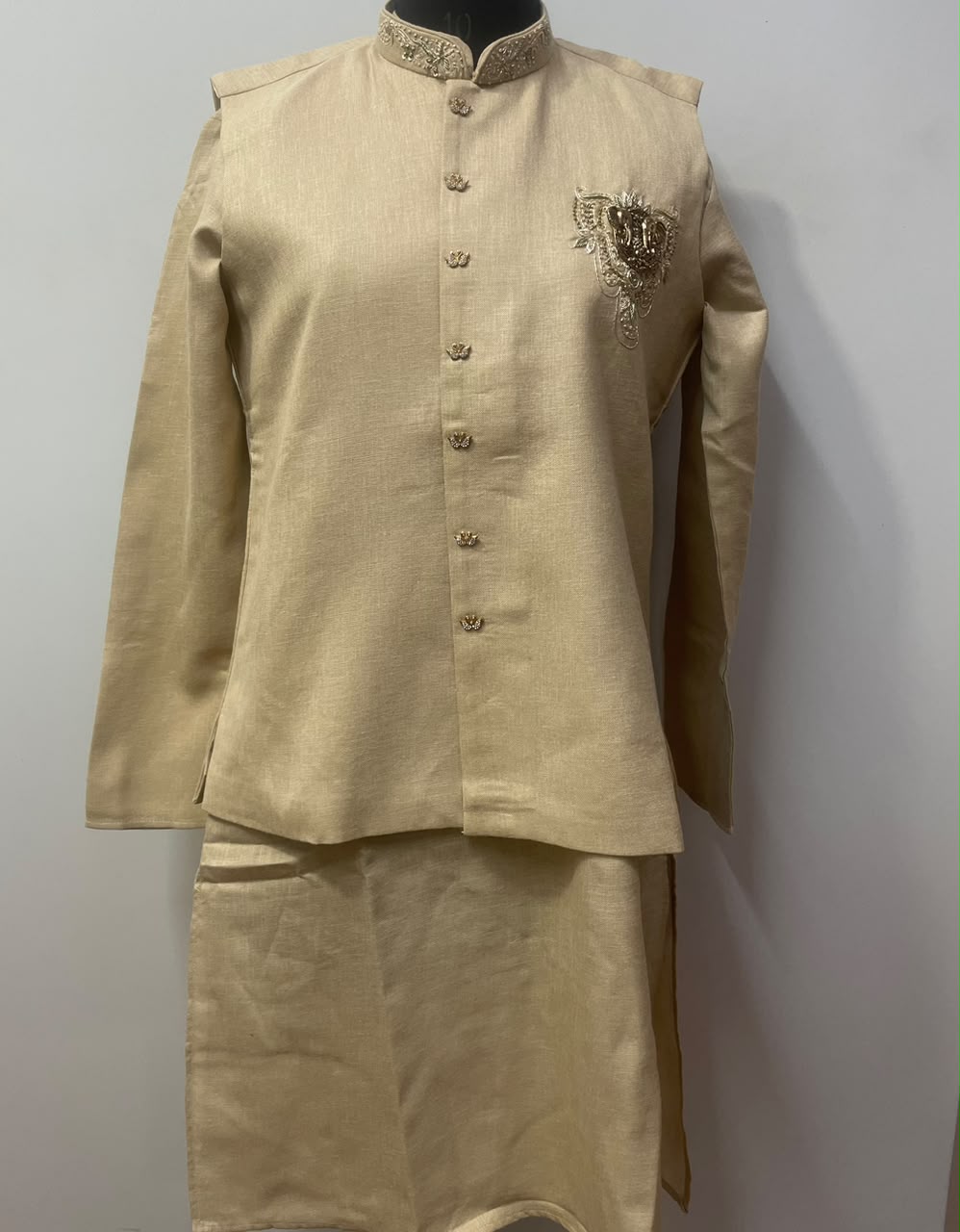 Champagne gold kurta set with Nehru waistcoat and matching trousers, full view