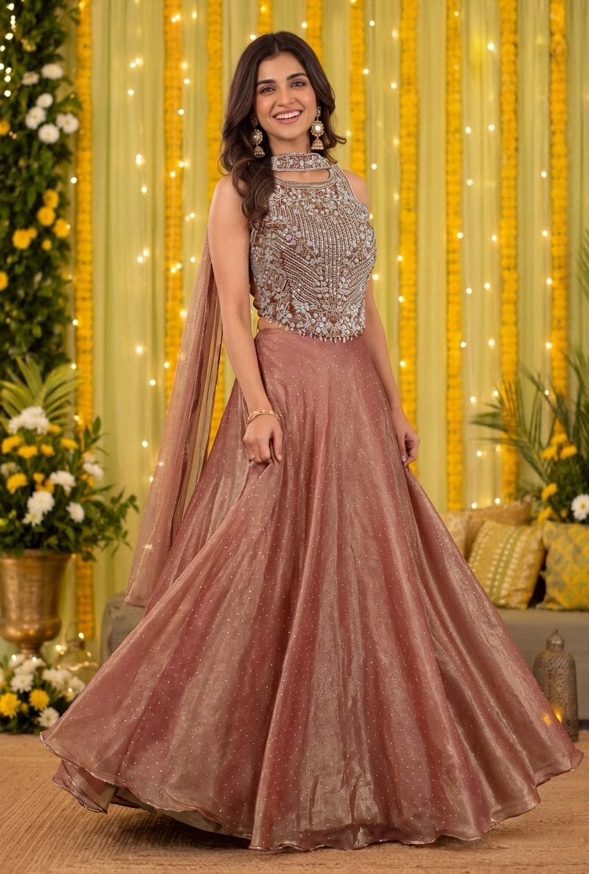 Dusty Rose Silver Jewel Lehenga Set