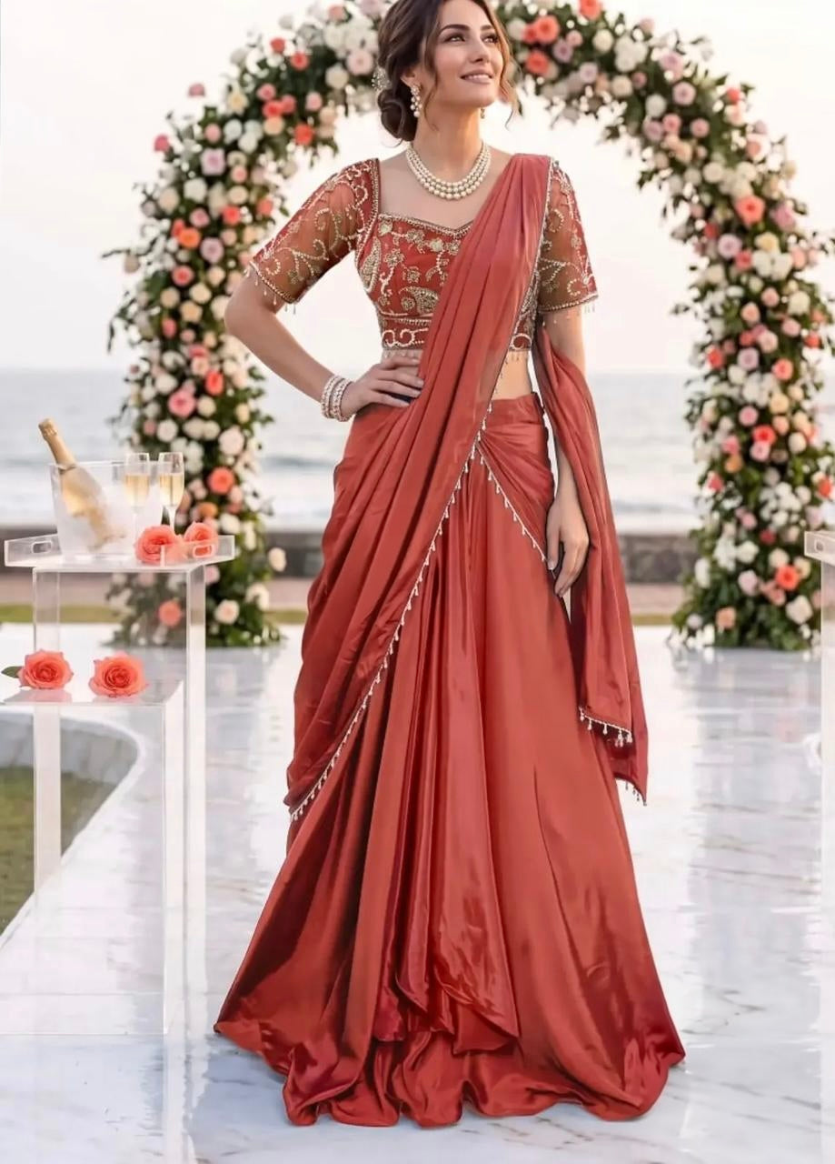 Terracotta Gold Floral Draped Skirt Set