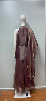 Smoky Mauve Gold Embroidered Palazzo Drape Set