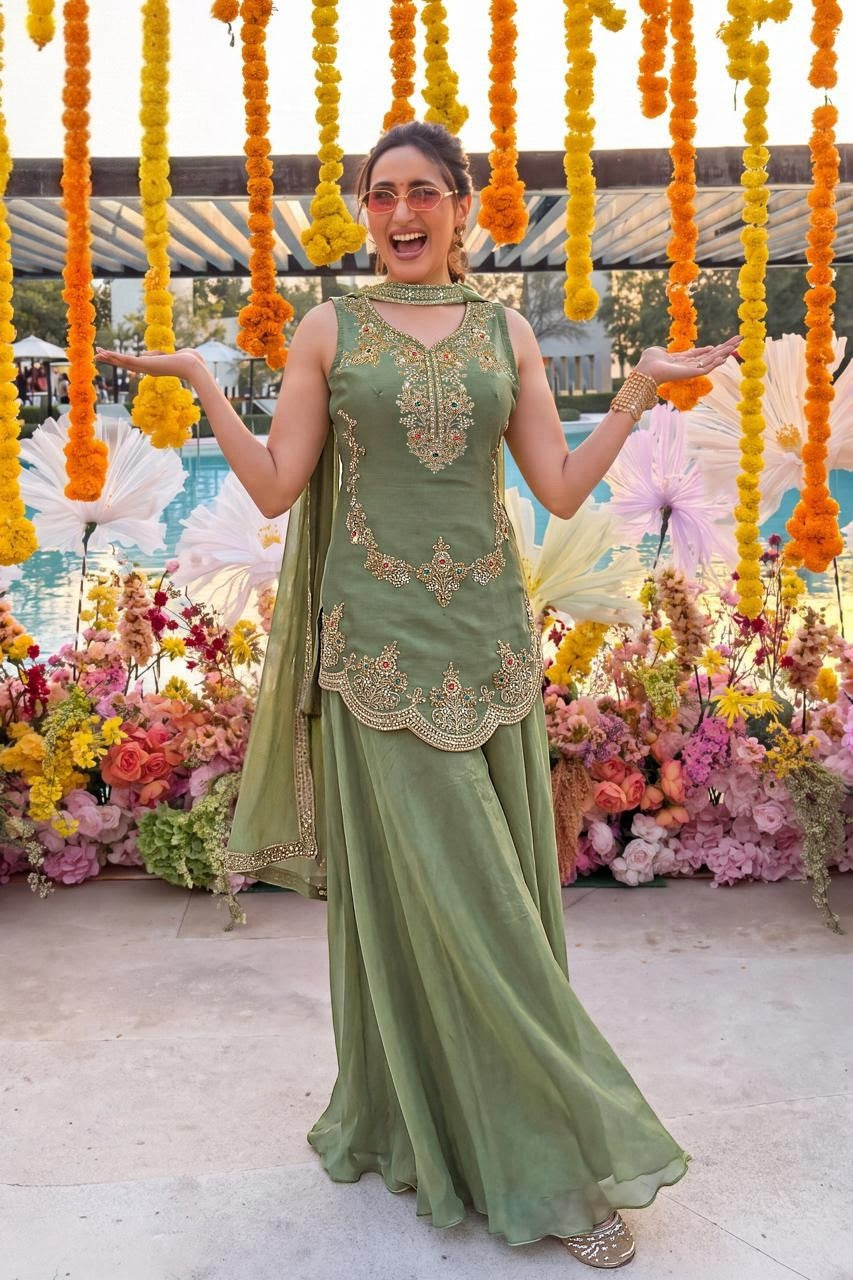 Sage Green Multicolor Jewel Palazzo Set