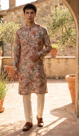 Sand Beige Rust Botanical Men's Kurta Set