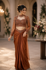 Copper Pearl Embroidered Draped Saree Set