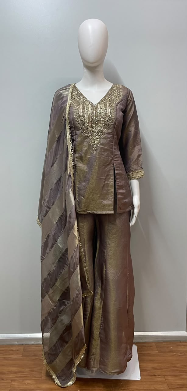 Taupe Gold Embroidered Palazzo Set