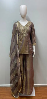 Taupe Gold Embroidered Palazzo Set
