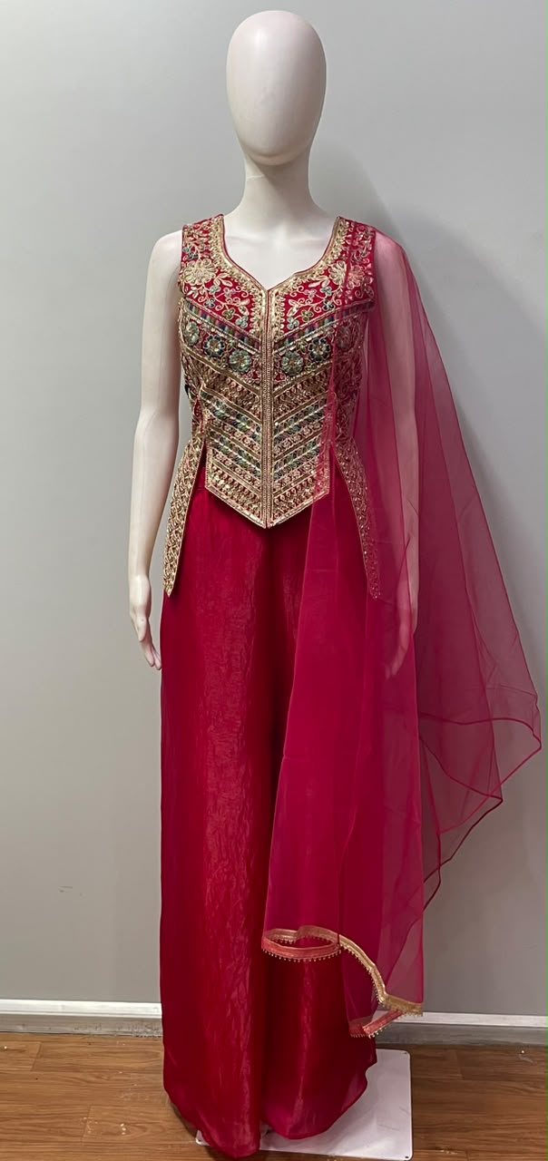 Fuchsia Pink Multicolor Jewel Longline Palazzo Set