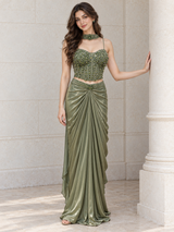 Olive Green Jewel Corset Draped Skirt Set