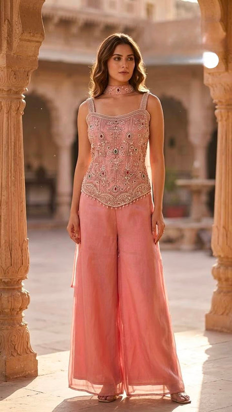 Peach rose corset top with jewel beadwork over wide-leg palazzo pants