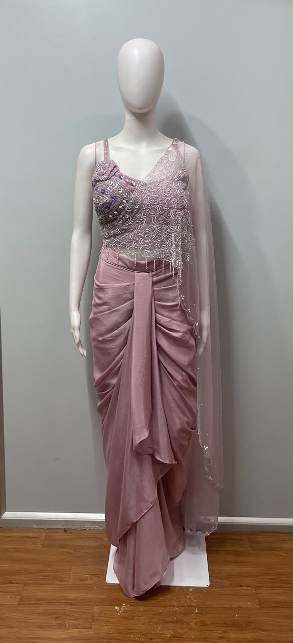 Dusty Mauve Silver Embellished Pre-Draped Saree Set