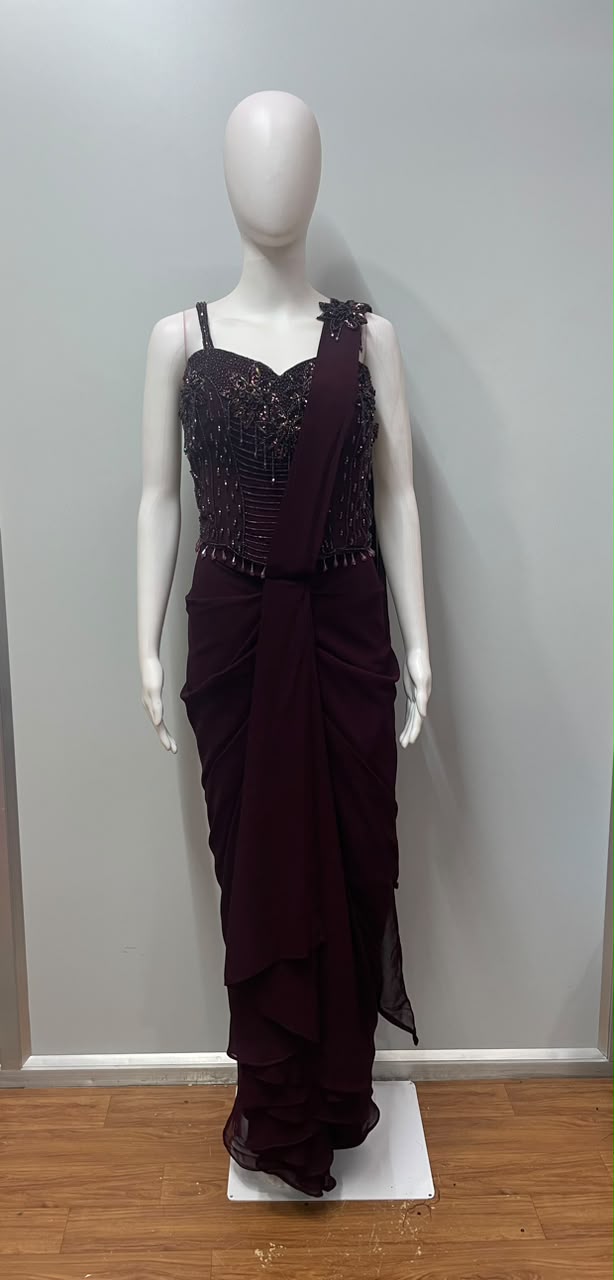 Maroon Corset Draped Saree Set