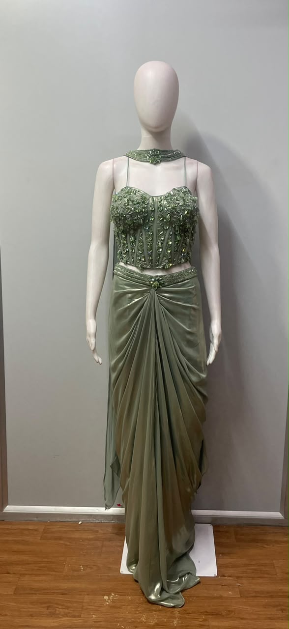 Olive Green Jewel Corset Draped Skirt Set