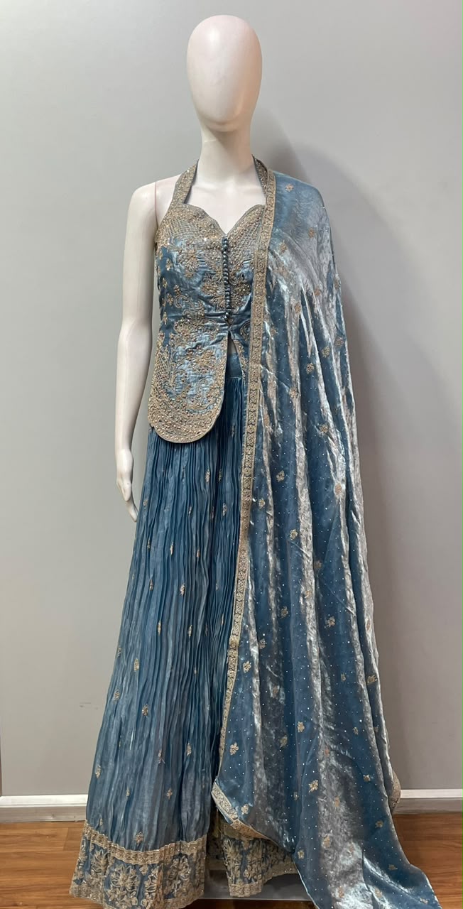 Steel Blue Antique Gold Floral Palazzo Set