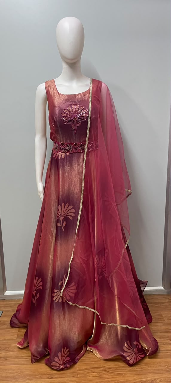 Fuchsia Gold Floral Anarkali Dupatta Set