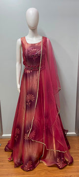 Fuchsia Gold Floral Anarkali Dupatta Set