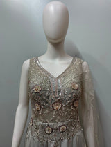 Silver Floral Embroidered Cape Evening Gown