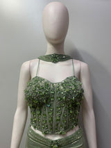 Olive Green Jewel Corset Draped Skirt Set