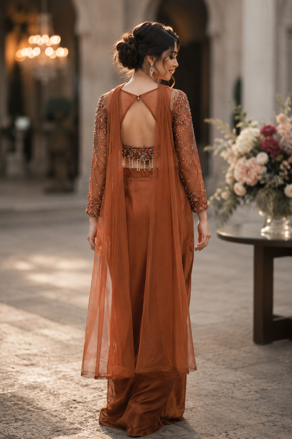 Copper Pearl Embroidered Draped Saree Set