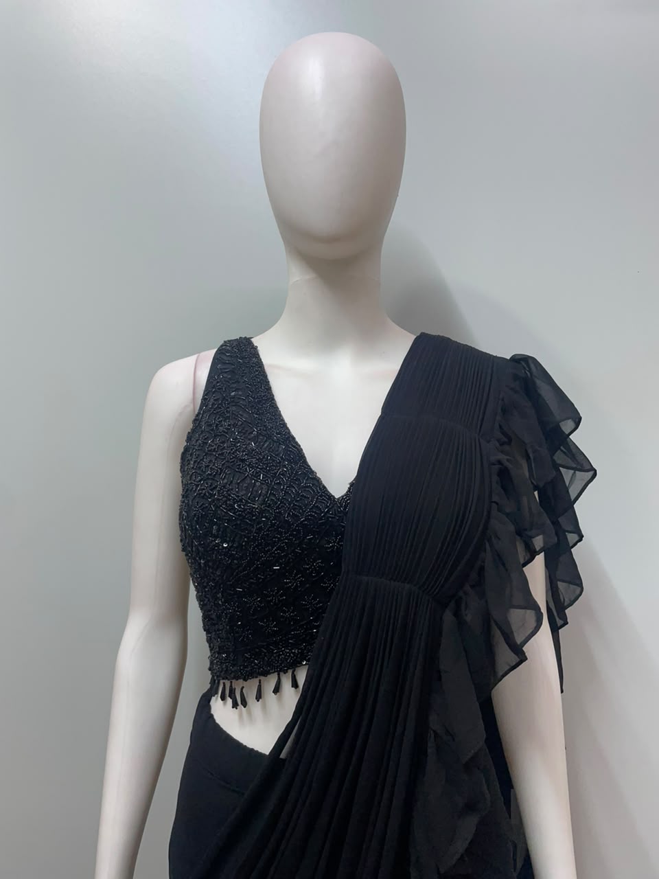 Midnight Black Sequin Ruffle Draped Saree Set