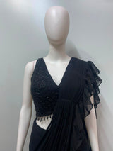 Midnight Black Sequin Ruffle Draped Saree Set