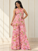 Blush Pink Multicolor Floral Halter Peplum Palazzo Set