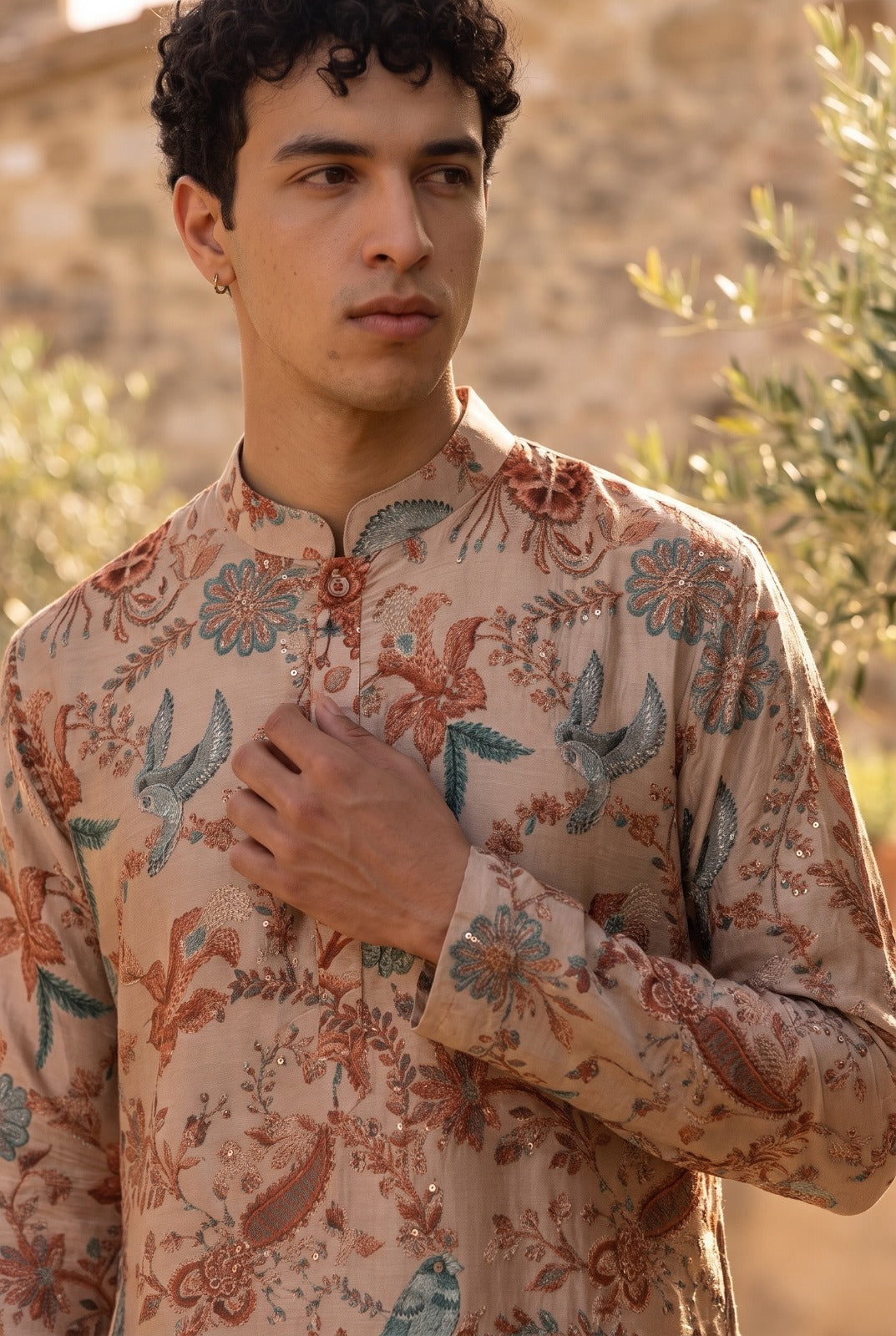 Sand Beige Rust Botanical Men's Kurta Set