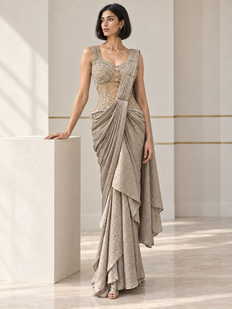 Champagne taupe draped saree set with a pearl-detailed corset blouse and cascading folds