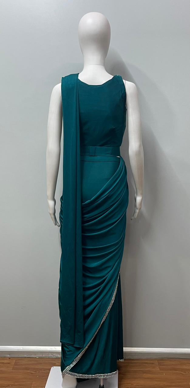 Teal Pearl Draped Saree Set
