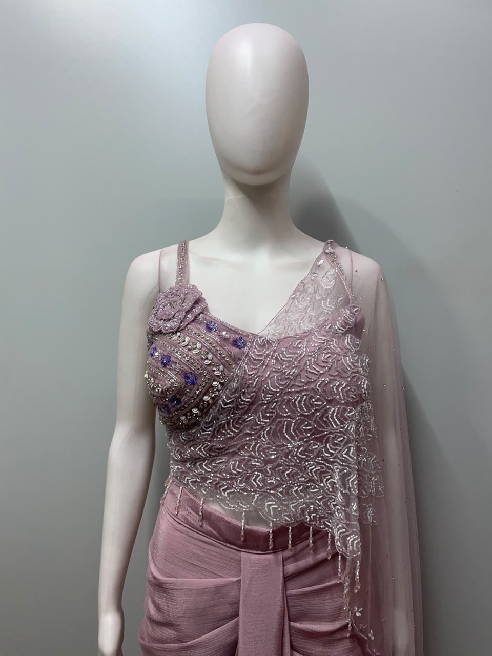 Dusty Mauve Silver Embellished Pre-Draped Saree Set
