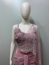 Dusty Mauve Silver Embellished Pre-Draped Saree Set