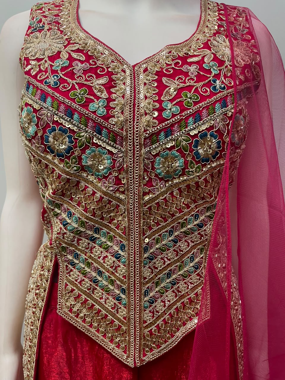 Fuchsia Pink Multicolor Jewel Longline Palazzo Set