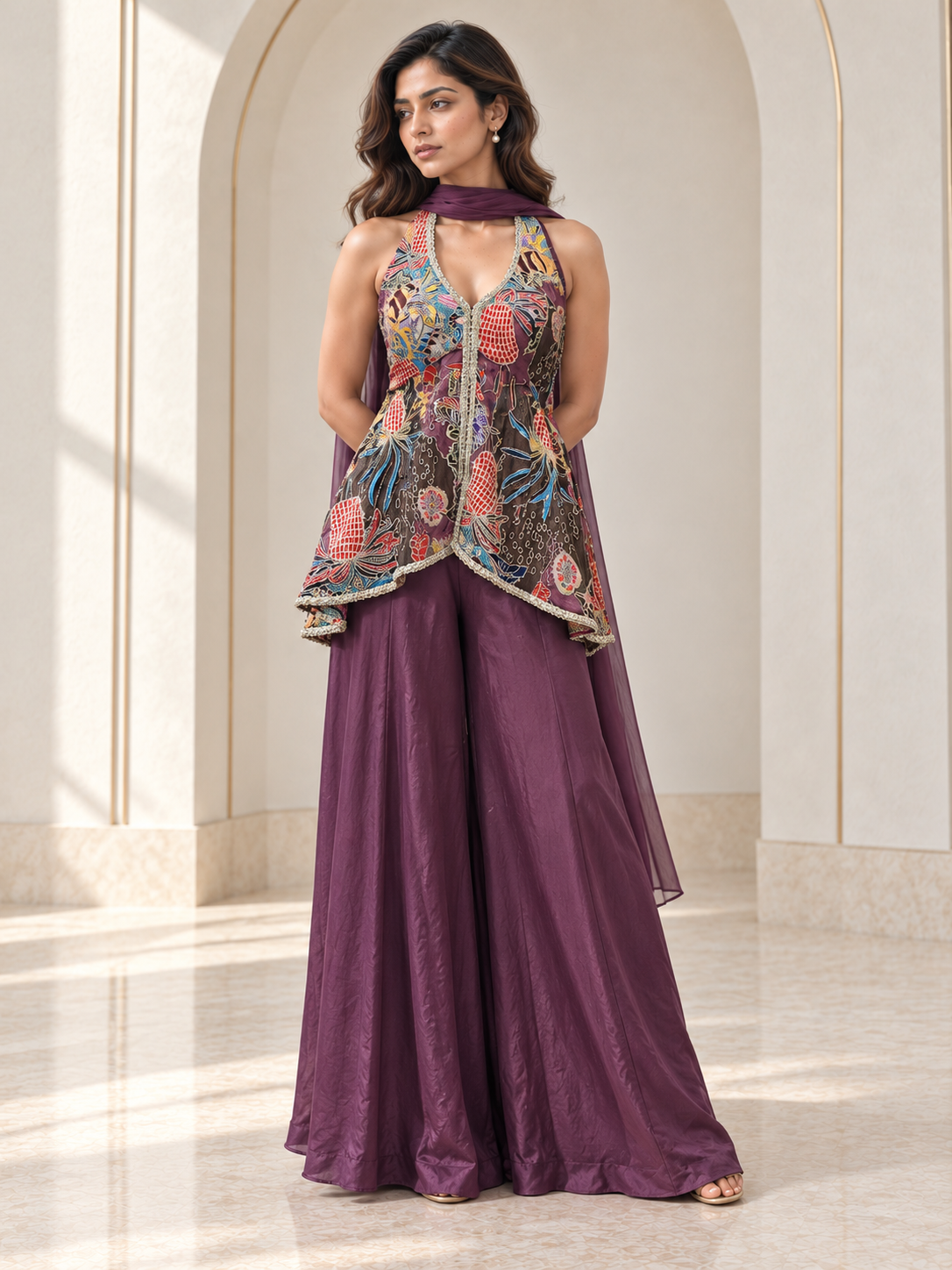Deep plum halter peplum palazzo set with colourful botanical motifs