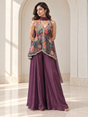 Deep plum halter peplum palazzo set with colourful botanical motifs